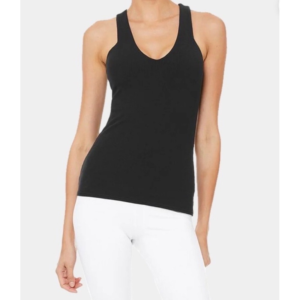 alo Yoga Elevate Black Ribbed Crossover Deep V-Neck Workout Active Tank Top m